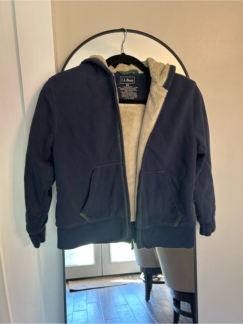 L.L. Bean Kid’s Navy Hooded Puffer Jacket with Cream Sherpa Lining